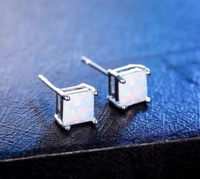 Gorgeous 7x7mm White Fire Opal Square Earrings