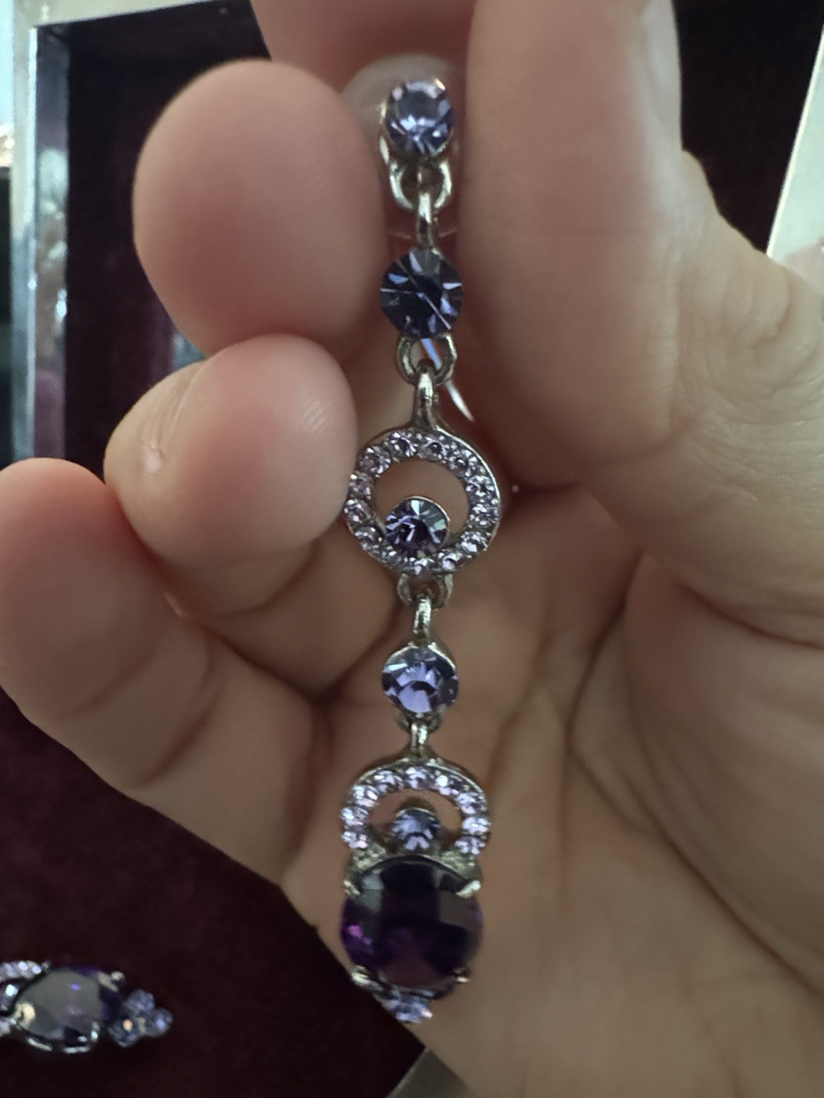 Silver Tone Purple Simulated Crystal Rhinestone Dangle Earrings 3in Butterfly