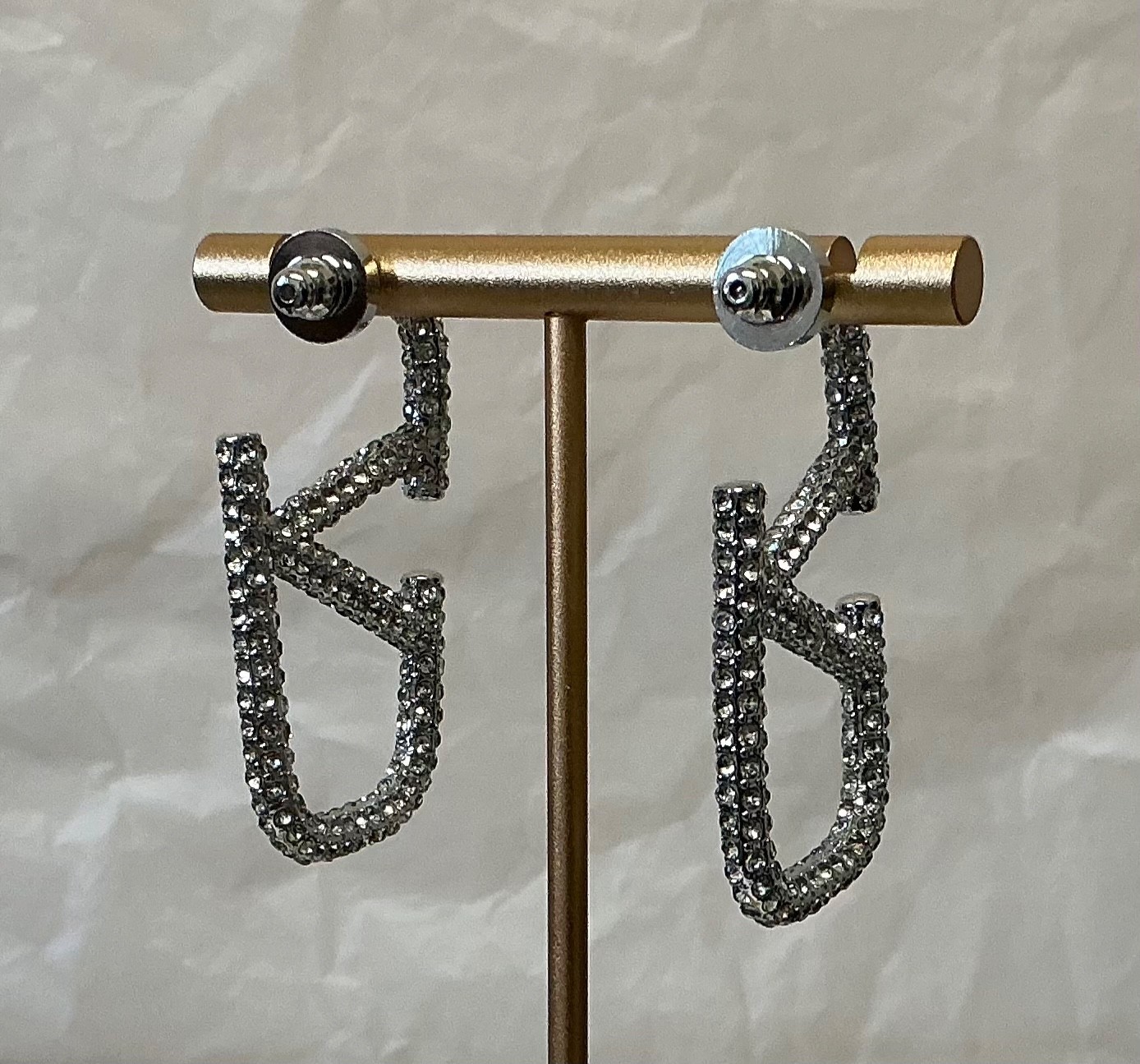 Valentino Crystal VLogo Silver Tone Statement Earrings # 582
