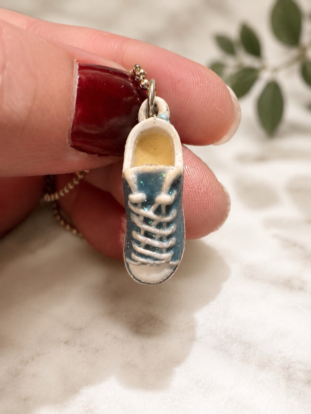 Blue Glitter Sneaker Pendant Necklace Cute Mini Tennis Shoe Charm Gold Tone