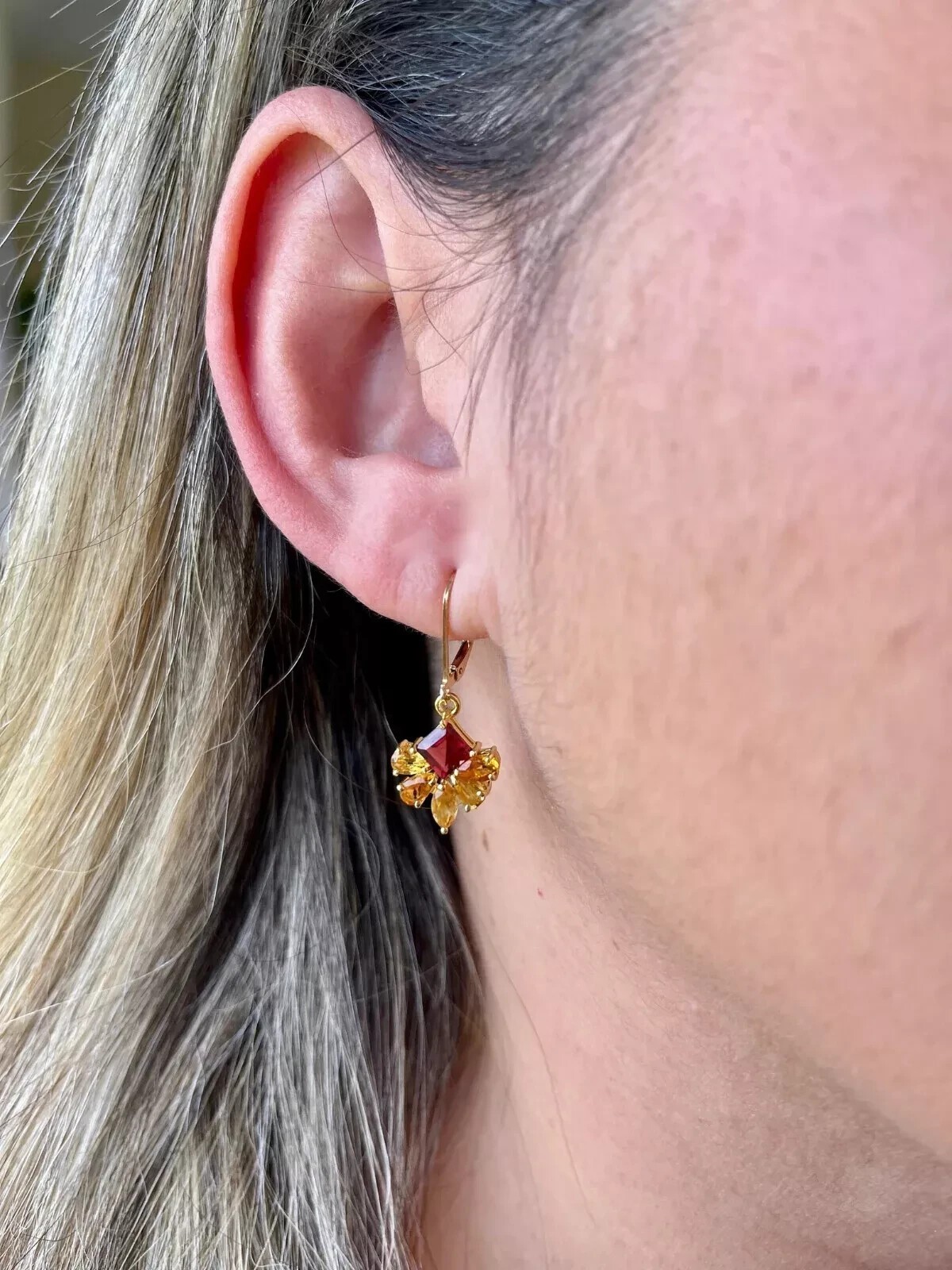 Princess Cut Simulated Red Ruby Women’s Drop Earring In 14K Yellow Gold Plated