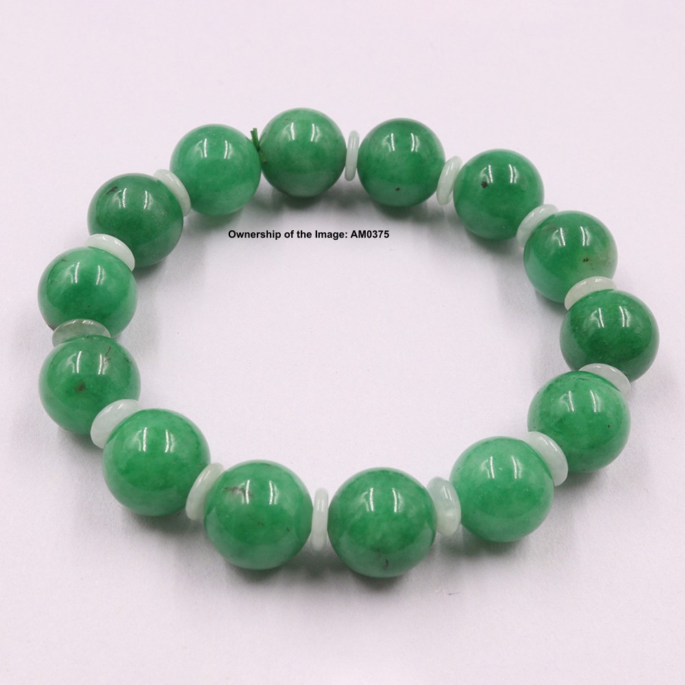 Chinese Heated Green Jade 12mm Round Bead Elastic Bracelet Fit 6.5″ Wrist