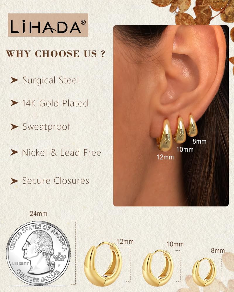 Surgical Steel Small Huggie Hoop Earrings for Women Set,14K Gold Plated Hypoalle