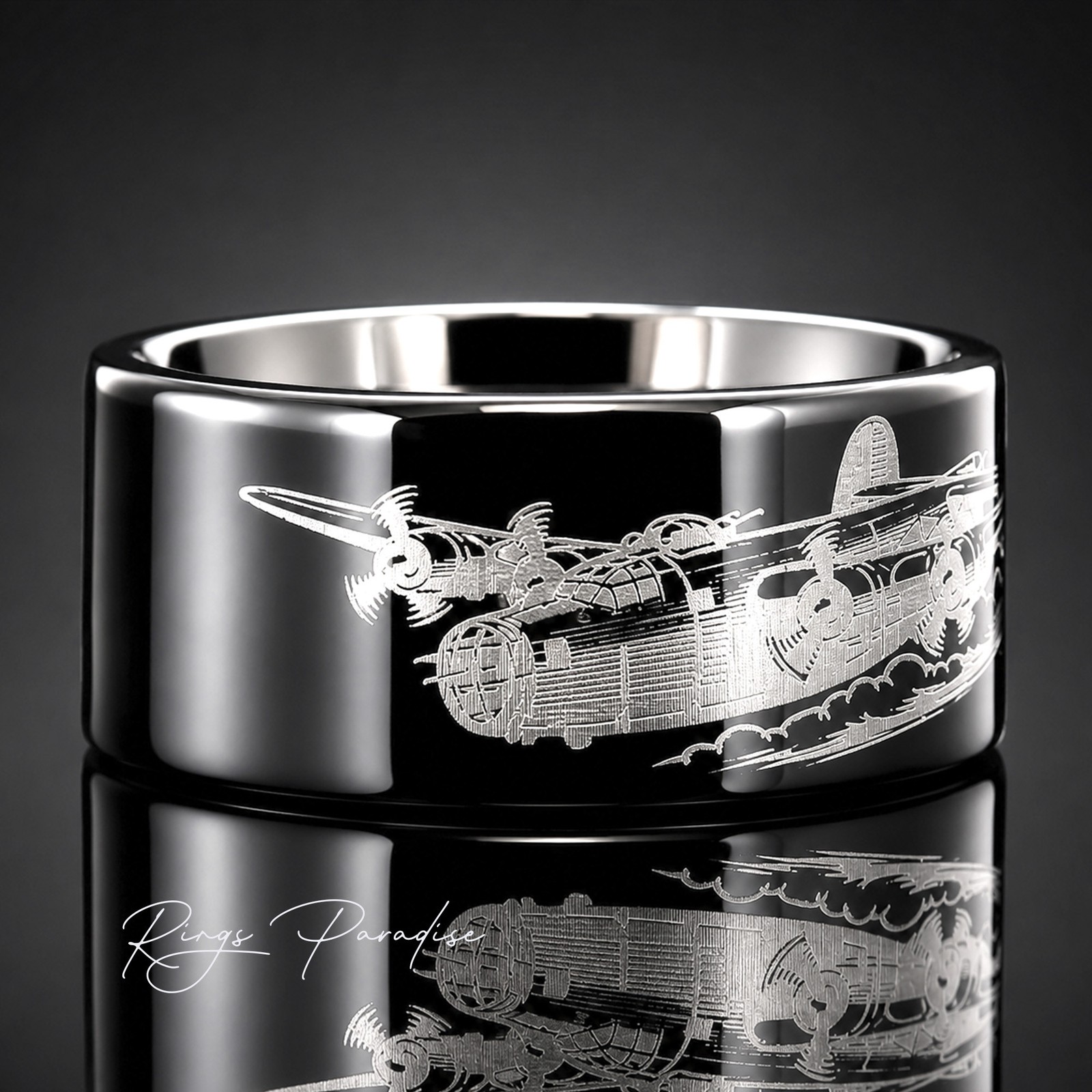 B-24 Airplane Tungsten Wedding Band with WWII Aviation Engraving – 8mm 10mm 12mm