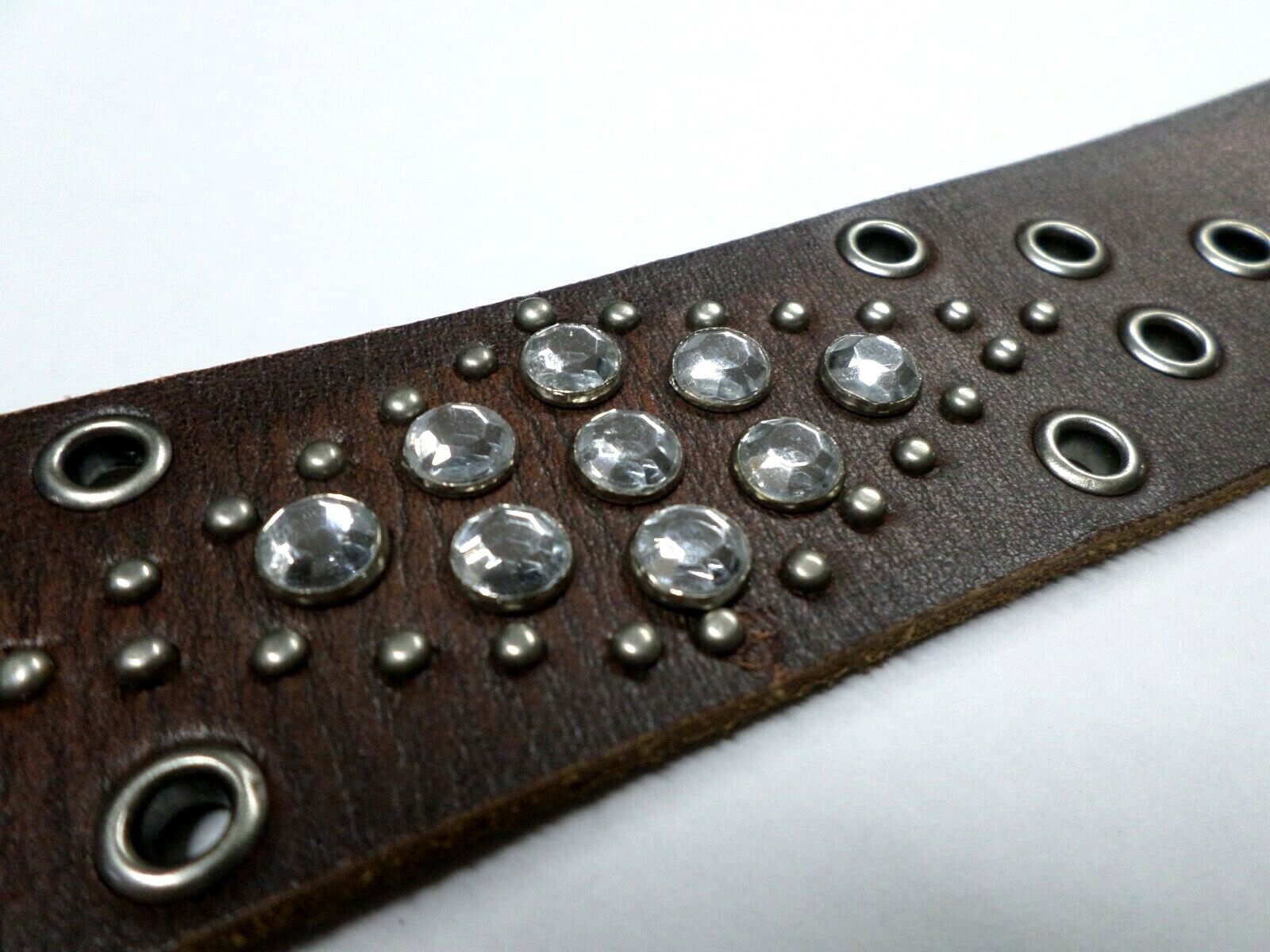 Western Biker Genuine Leather Bracelet Wrist Band-Crystals Studs Snaps-1.5″ Wide