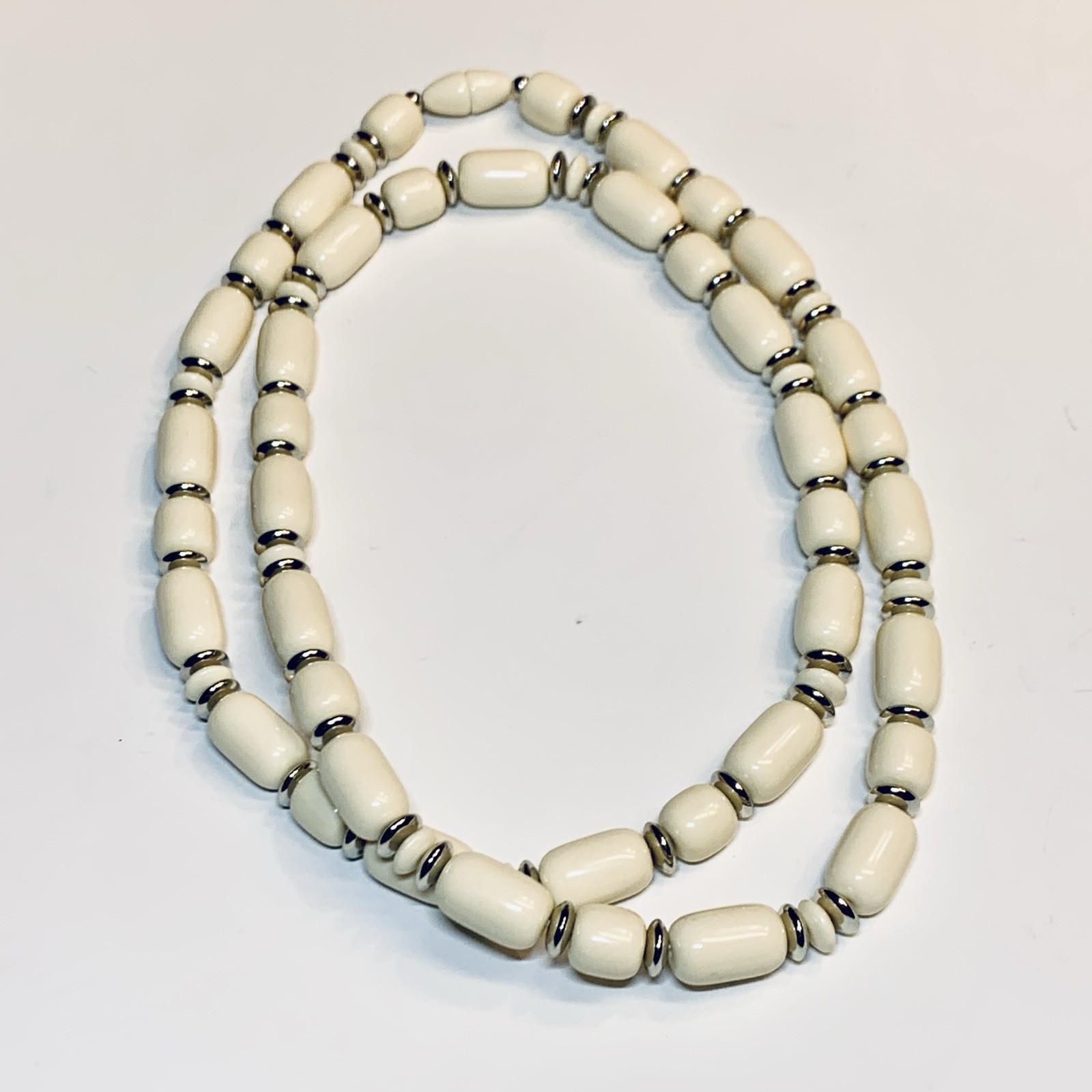 Vintage Cream & Silver Bead Necklace 32”
