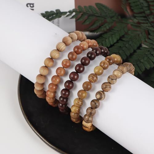 5Pcs Sandalwood Stretch Bracelets for Women Men with Hematite Stone Cross A