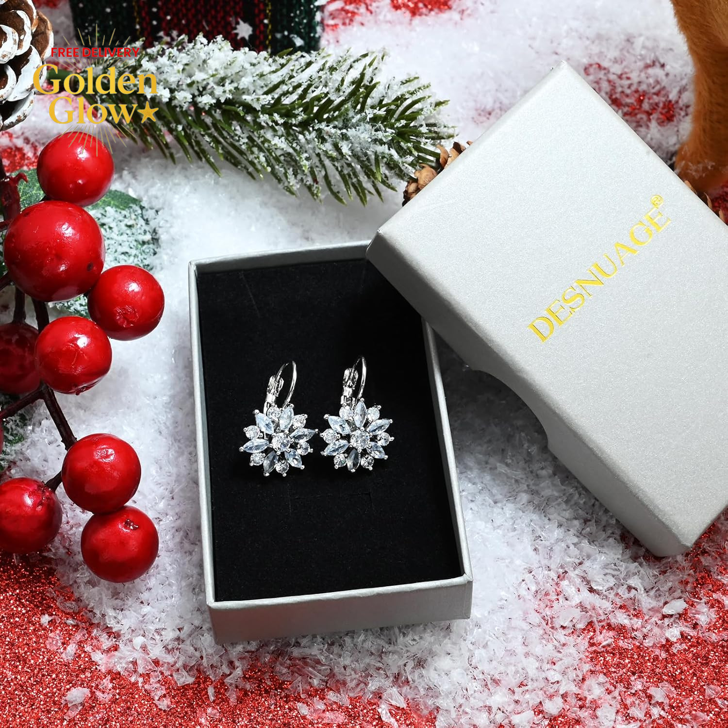 Snowflake Earrings Cubic Zirconia Earrings Sterling Silver Earrings Leverback Ea
