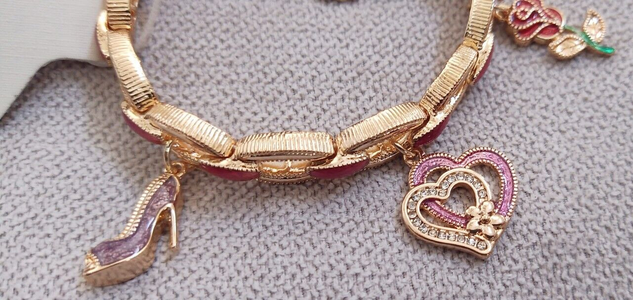 NWT Napier Gold Tone Love & Beauty Charm Stretch Bracelet Heart Rose Lipstick ++