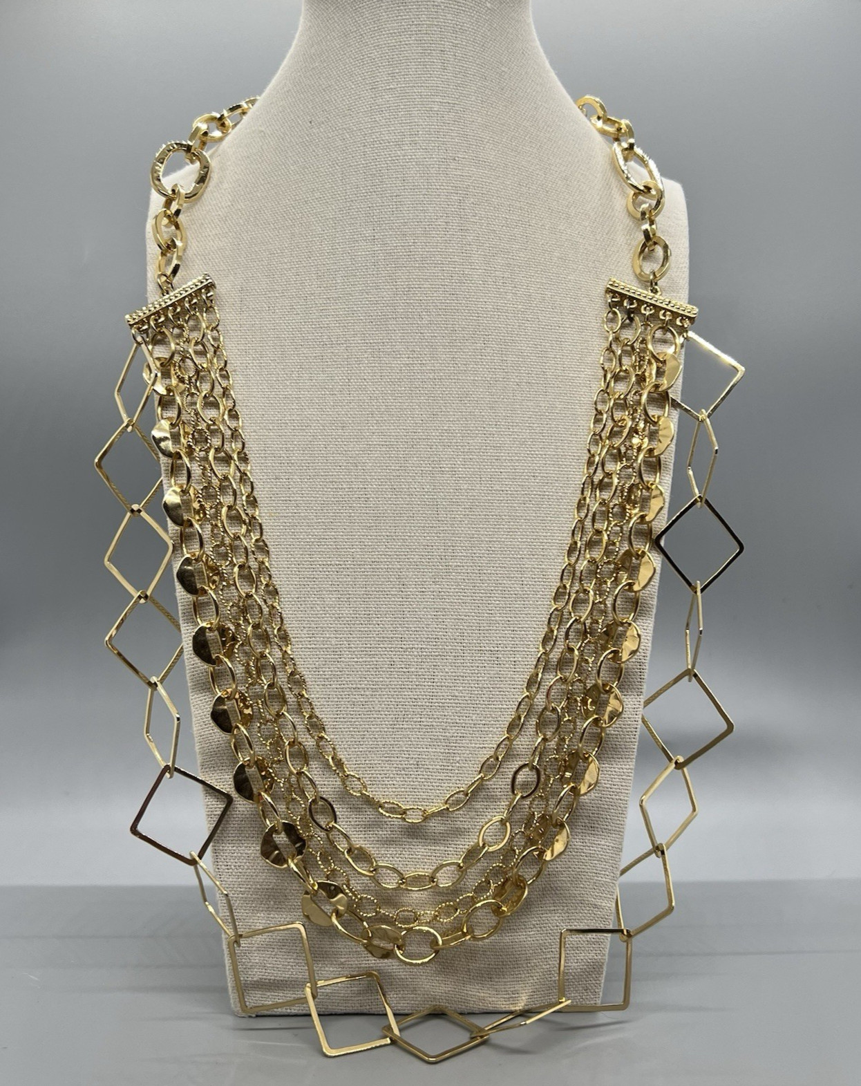 Bold Multi-Strand Gold Tone Statement Necklace Open Geometric Link Layerer