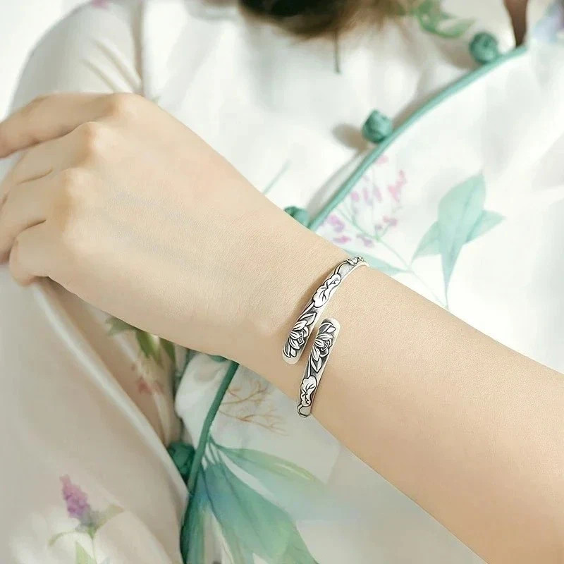 Vintage 925 Thai Silver Lotus Flower Cuff Bracelet for Women Buddhism Bangle