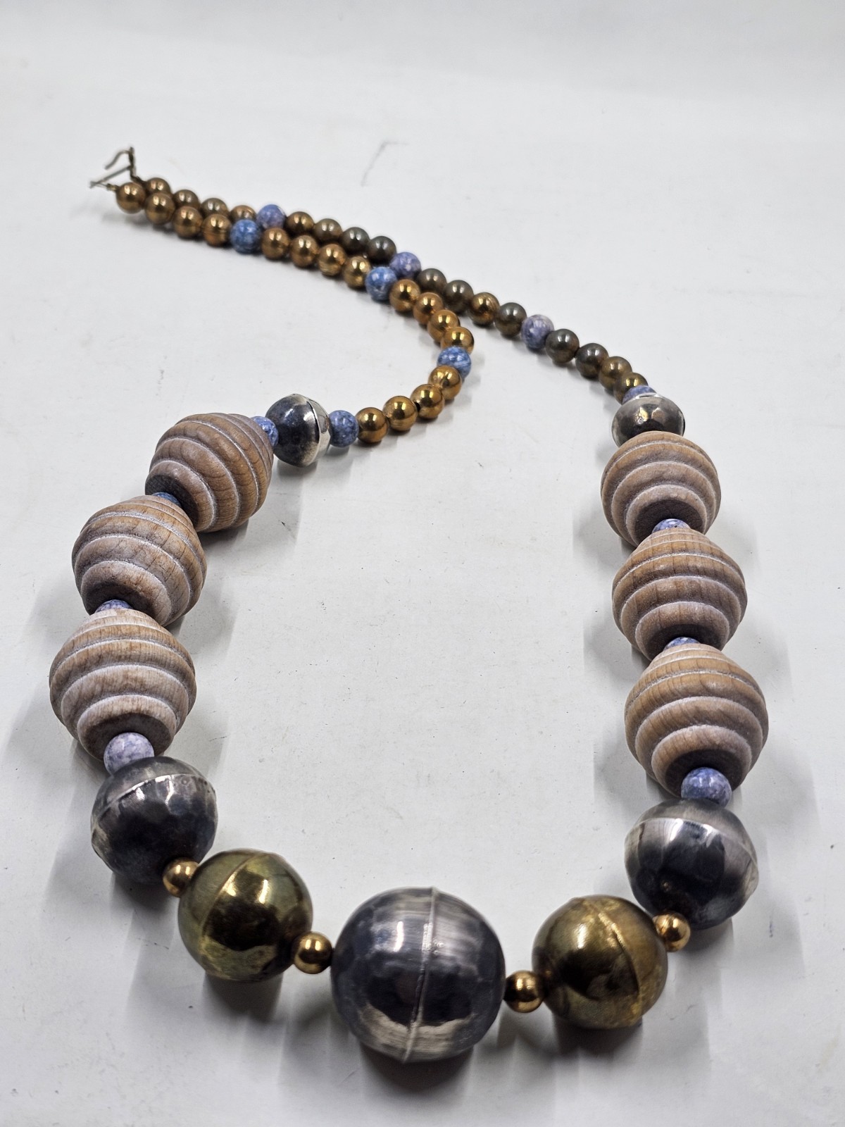 Vtg Bold Statement Necklace Carved Wood Sodalite Hammered Brass Silver Beads