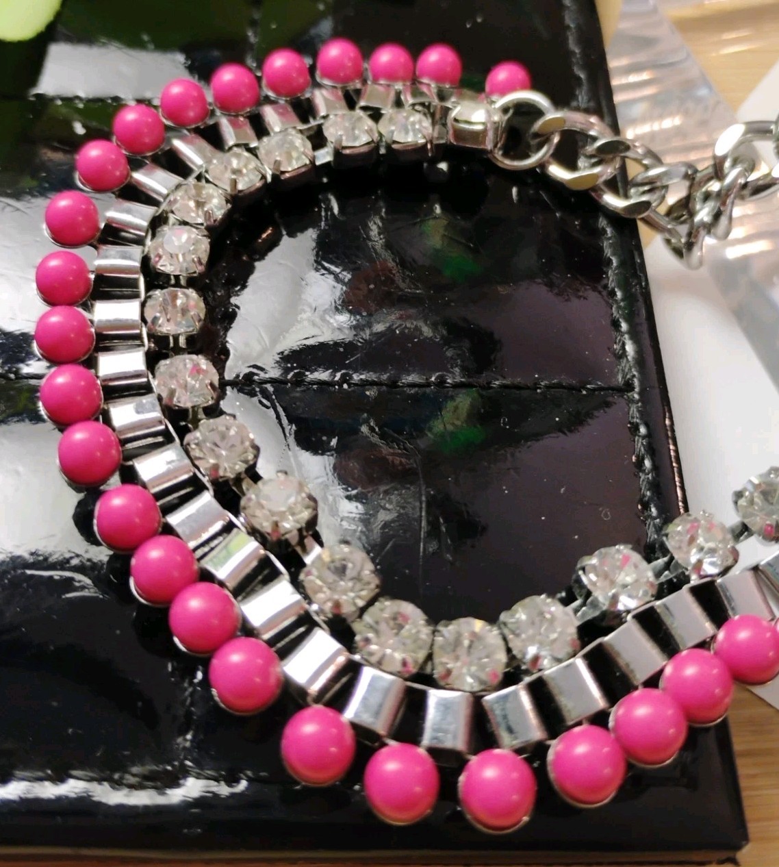 Designer ADORNABLE U Silvery Hot Pink Gem w/Crystal Rhinestones 17″ Necklace!