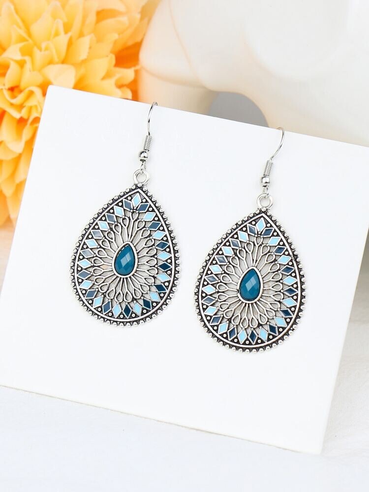 New Silver Green Multicolor Enamel Mosaic Teardrop Hook Dangle Drop Earrings