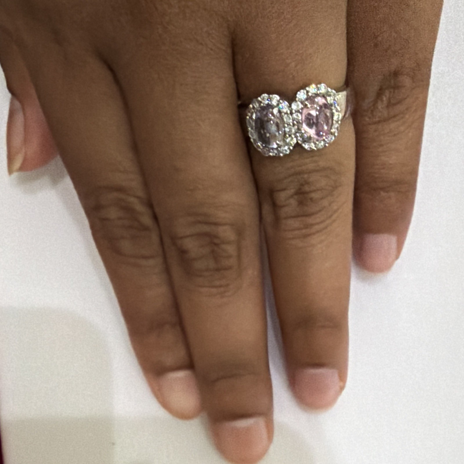 Silver Metal Cocktail Ring Double Oval Pink Purple lab Stones Halo Rhinestone