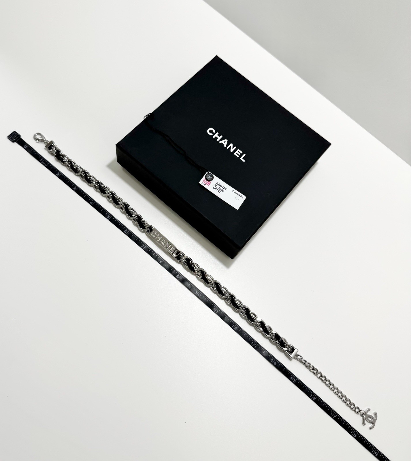 Chanel Necklace Black Leather Chain Crystal CC Choker 26C Authentic W/Box NWT