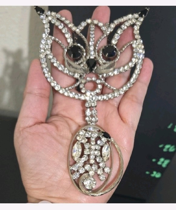 Rare Huge Vintage Unsigned Alice Caviness Rhinestone Cat Necklace