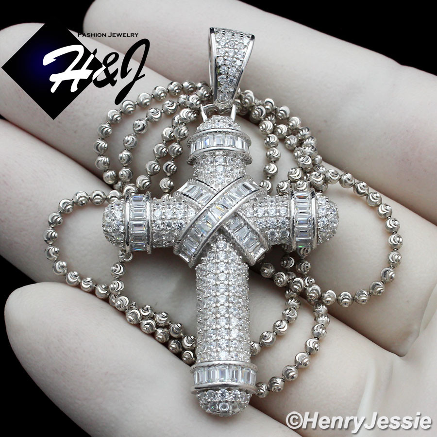 24″MEN 925 STERLING SILVER 2MM MOON CUT BEADED CHAIN ICY CZ CROSS PENDANT*SP232