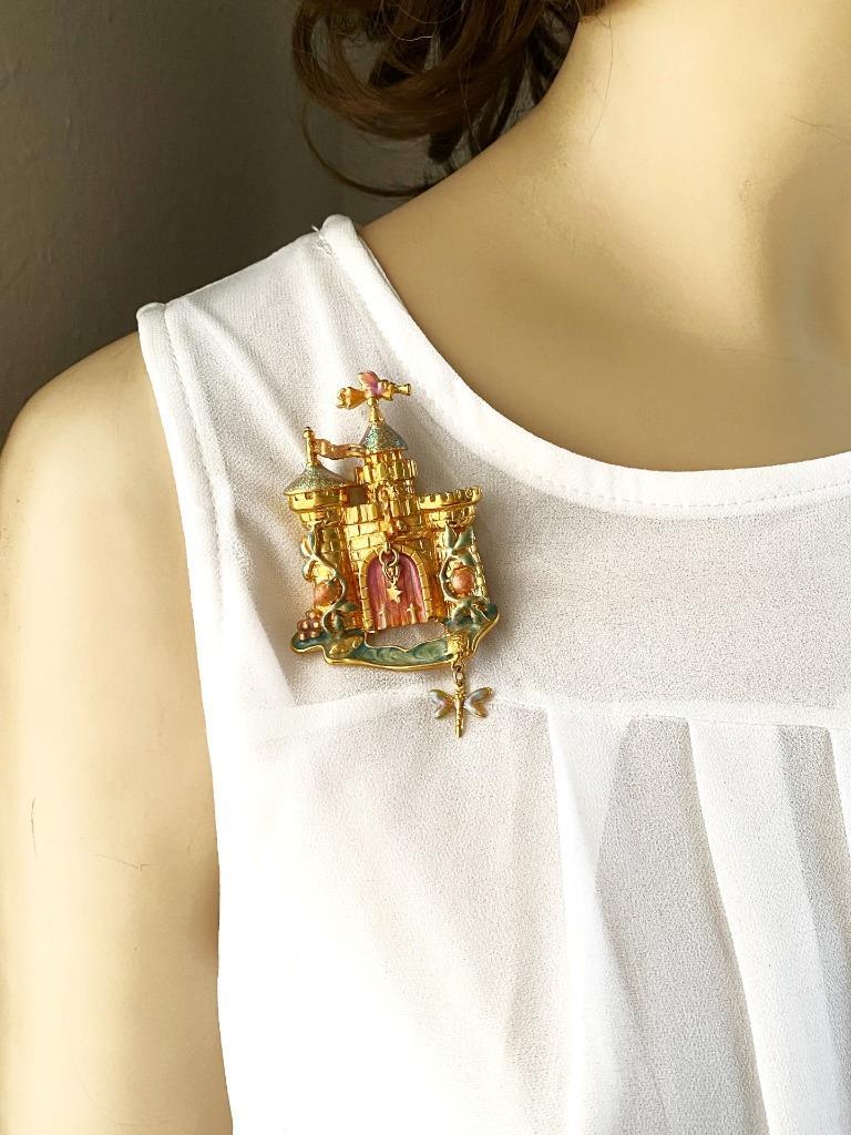 Kirk’s Folly Gold-Tone & Enamel Fairytale Rapunzel Castle w/ Dragonfly Pin