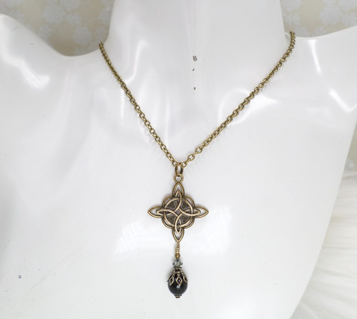 Celtic Knot Necklace, Black Bead Antique Brass Witch Knot Handmade Jewelry