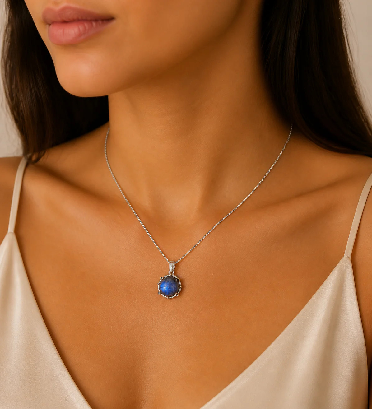 22K Pink Gold Plated Spectrolite & Blue Sapphire Sterling Silver Necklace 16” l
