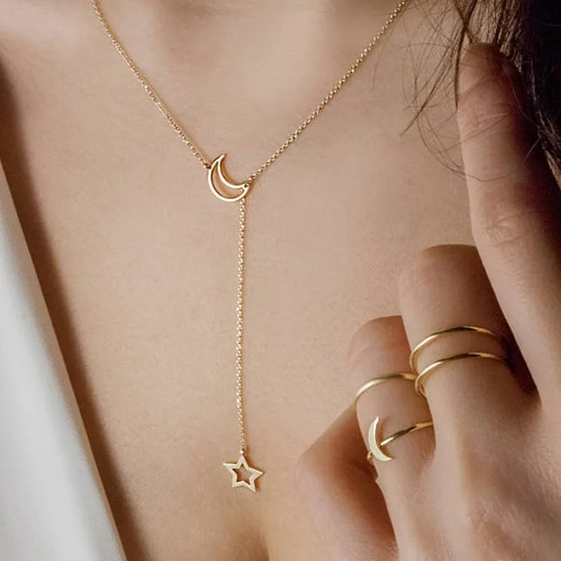 Elegant Moon Star Pendant Choker Necklace Gold Color Alloy Chain Party Jewelry