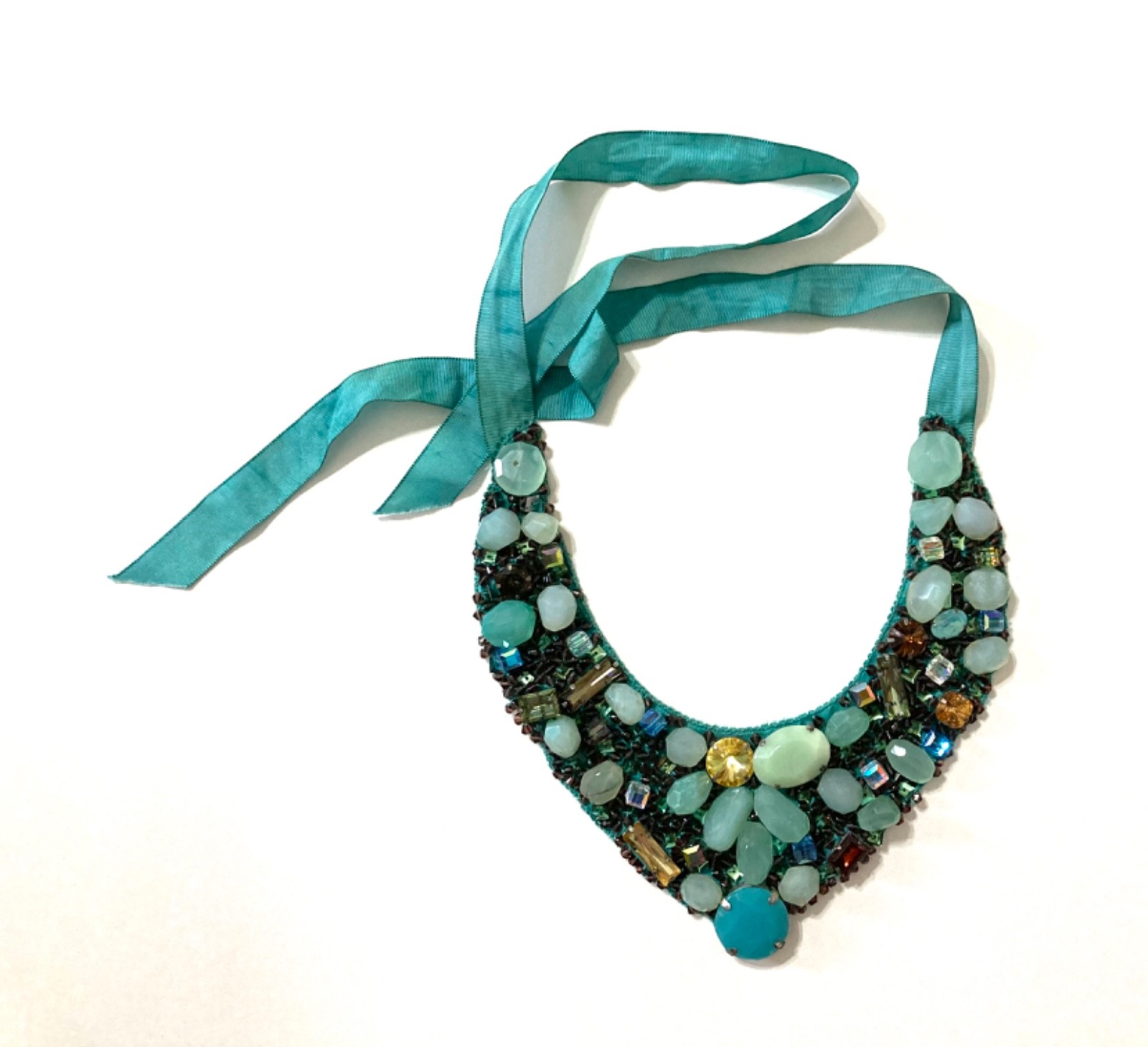 Designer Roberta Freymann Ribbon Bib Statement Necklace Gems Beads Stones