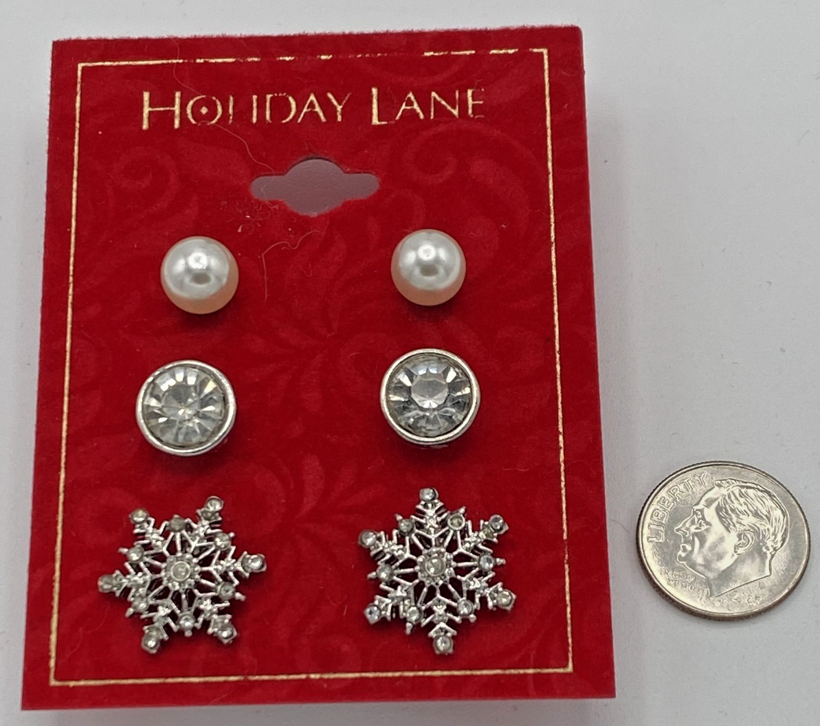 Holiday Lane Silver-Tone 3-Pc. Set Snowflake Crystal & Imitation Pearl Studs NWT