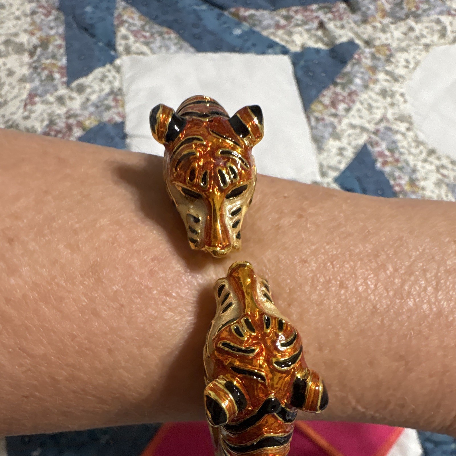 Kenneth Jay Lane Double Tiger Head Hinged Bangle Bracelet