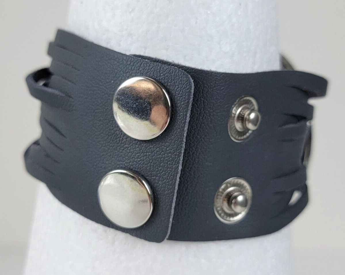 Gunmetal Tone Medallion Charm Gray Leather Cuff Bracelet 7.5-8.5 In