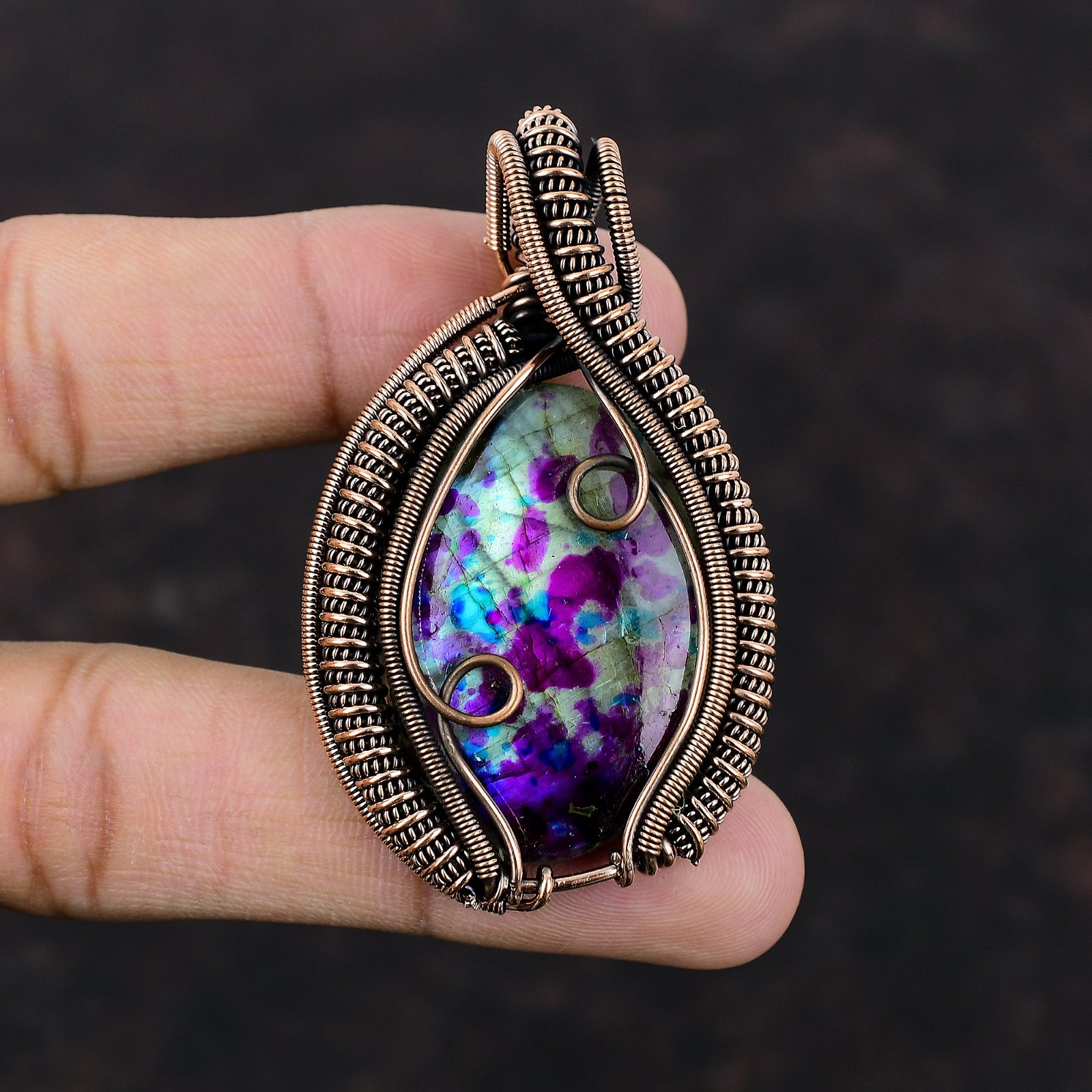 Natural Multi Fire Labradorite Copper Wedding Trendy Wire Wrapped Mother Pendant