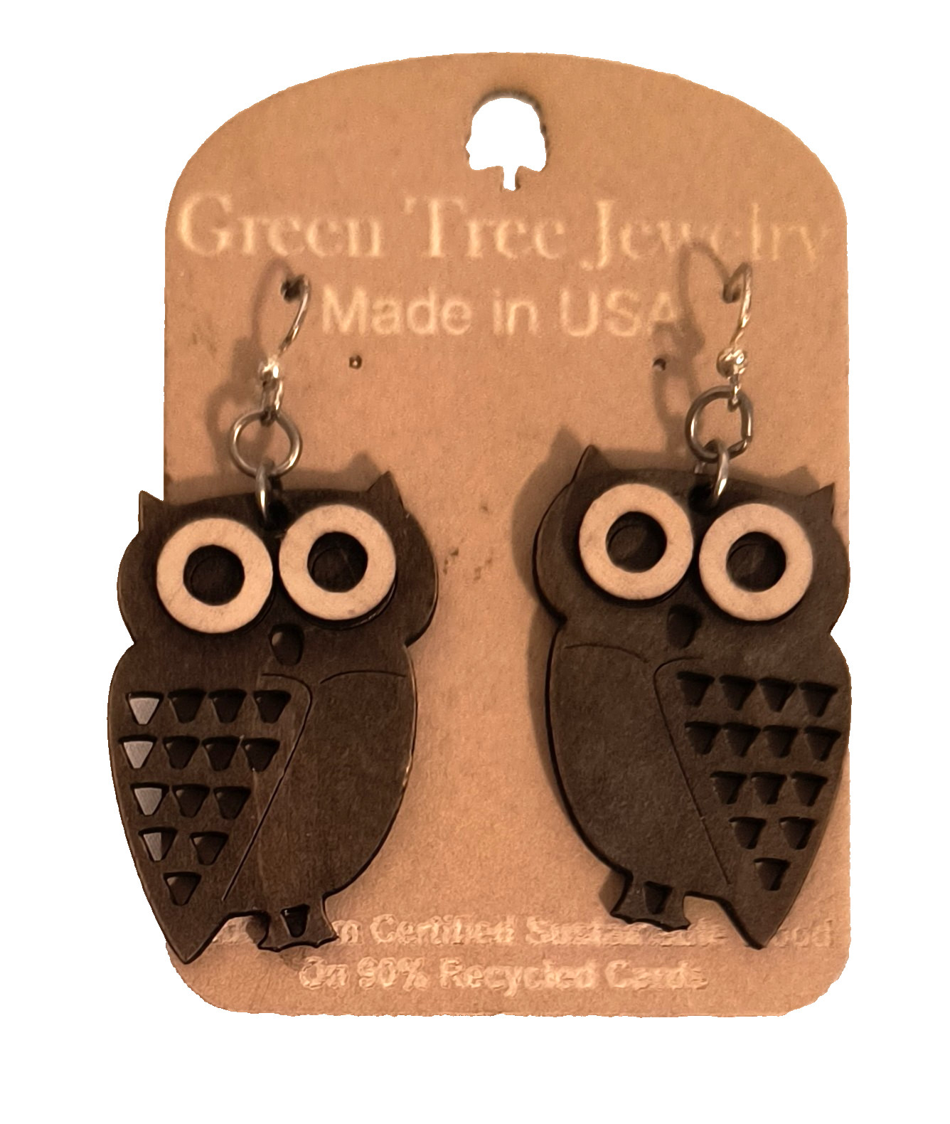 New with Tags Green Tea Jewelry Earrings Laser Cut Brown/Beige Owls Hook Closure