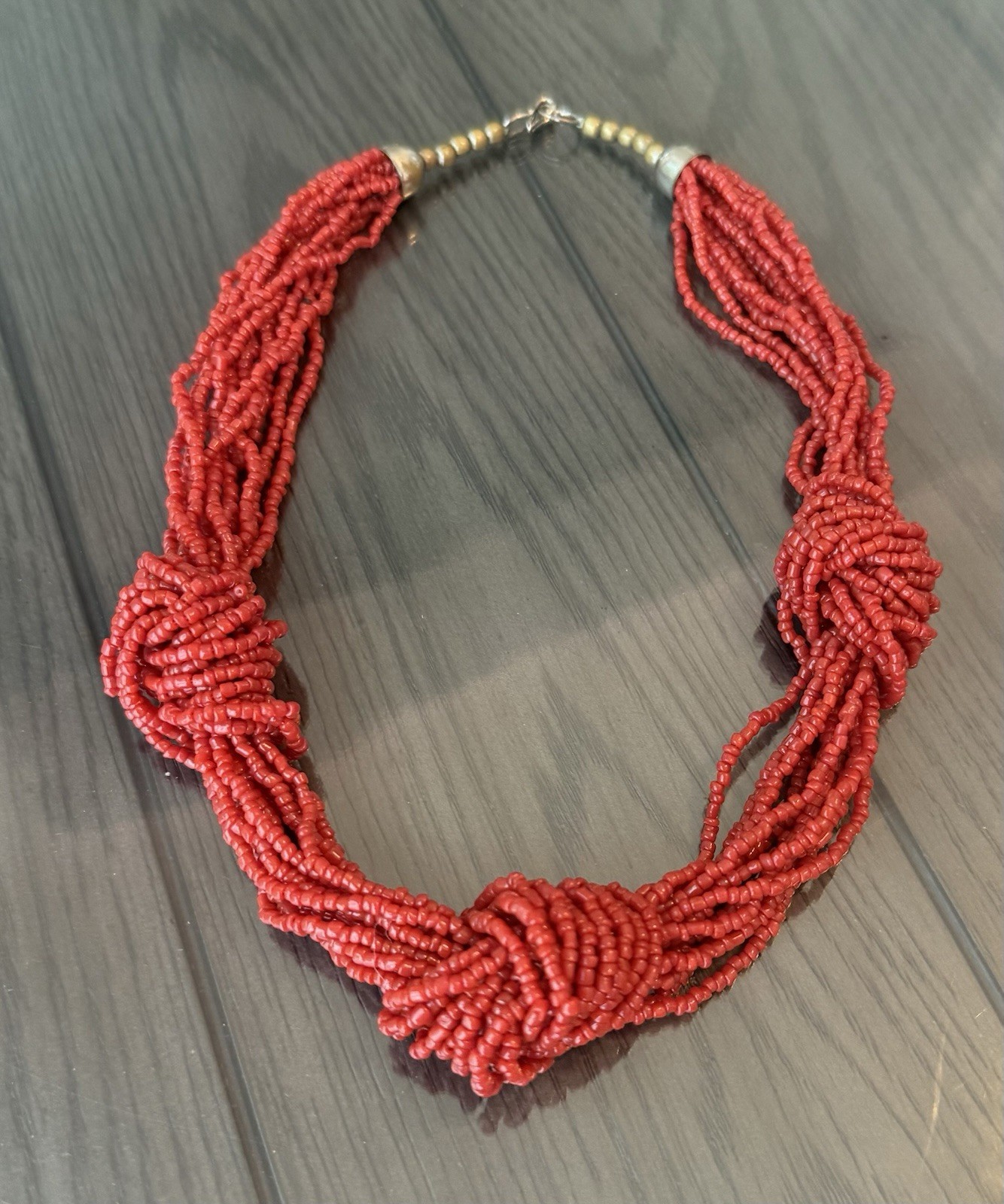 Red Multi-Strand Round Bead Statement Necklace with Knot Design, Hook