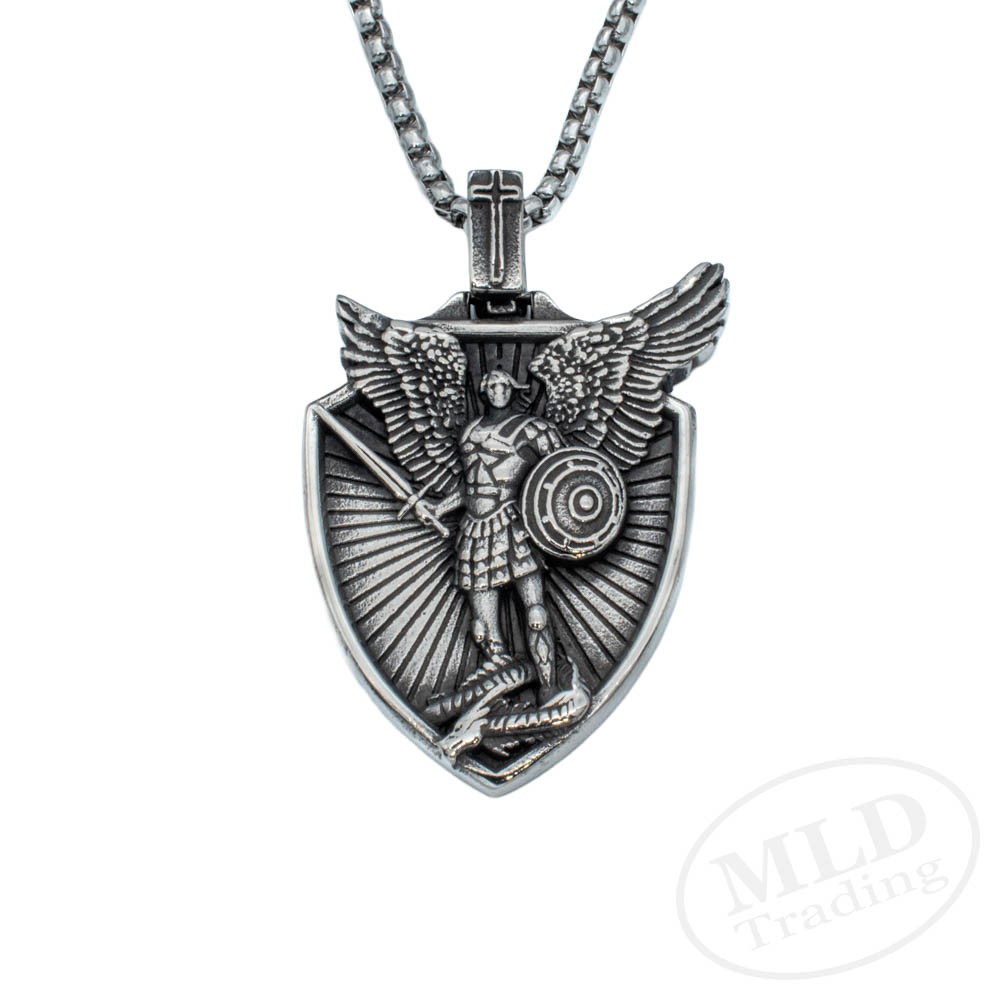 Saint St Michael Shield Pendant Necklace – Stainless Steel Archangel 24″ Chain