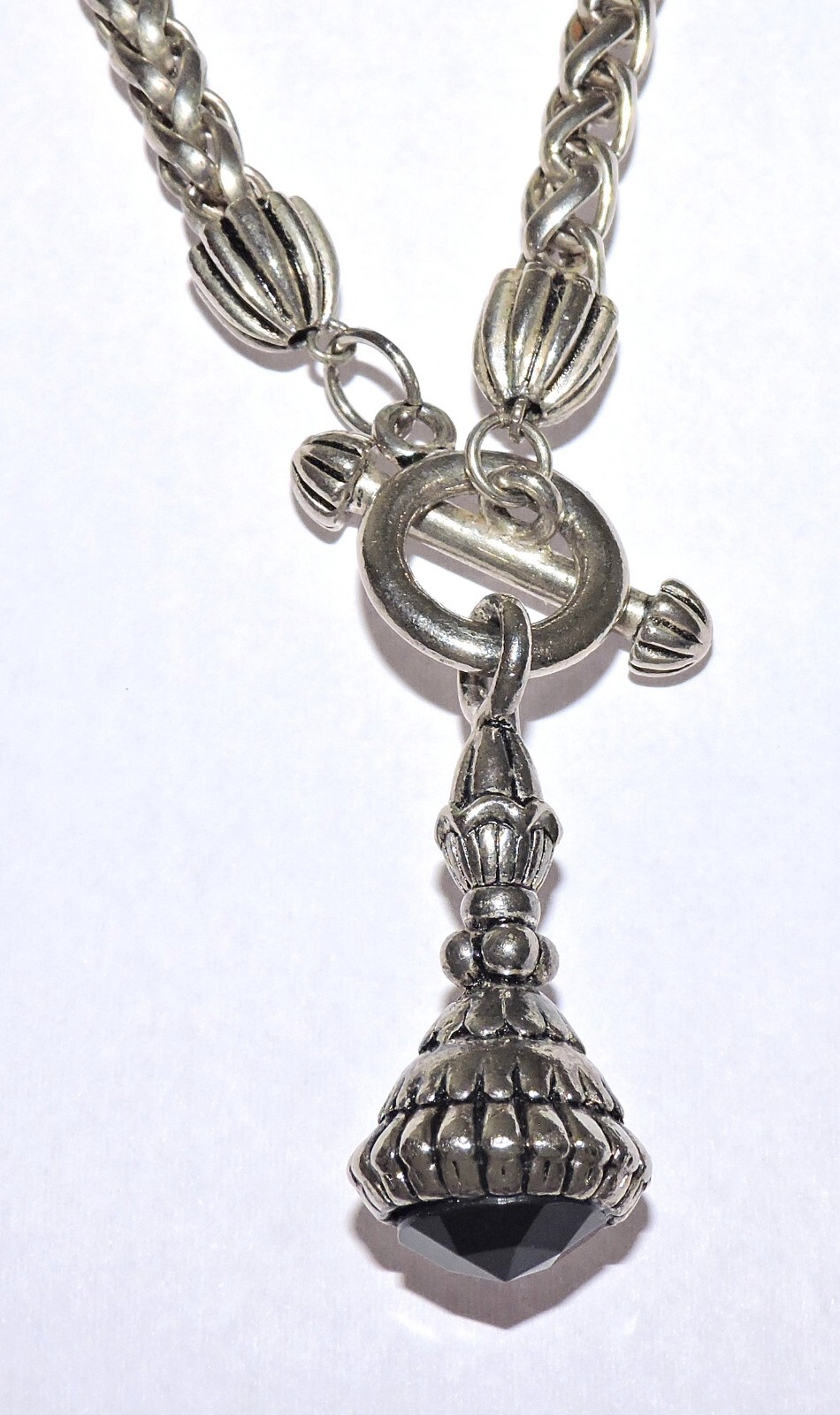 Silver Tone 16″ WHEAT LINK CHAIN NECKLACE Etruscan Style BLACK FOB / AMULET