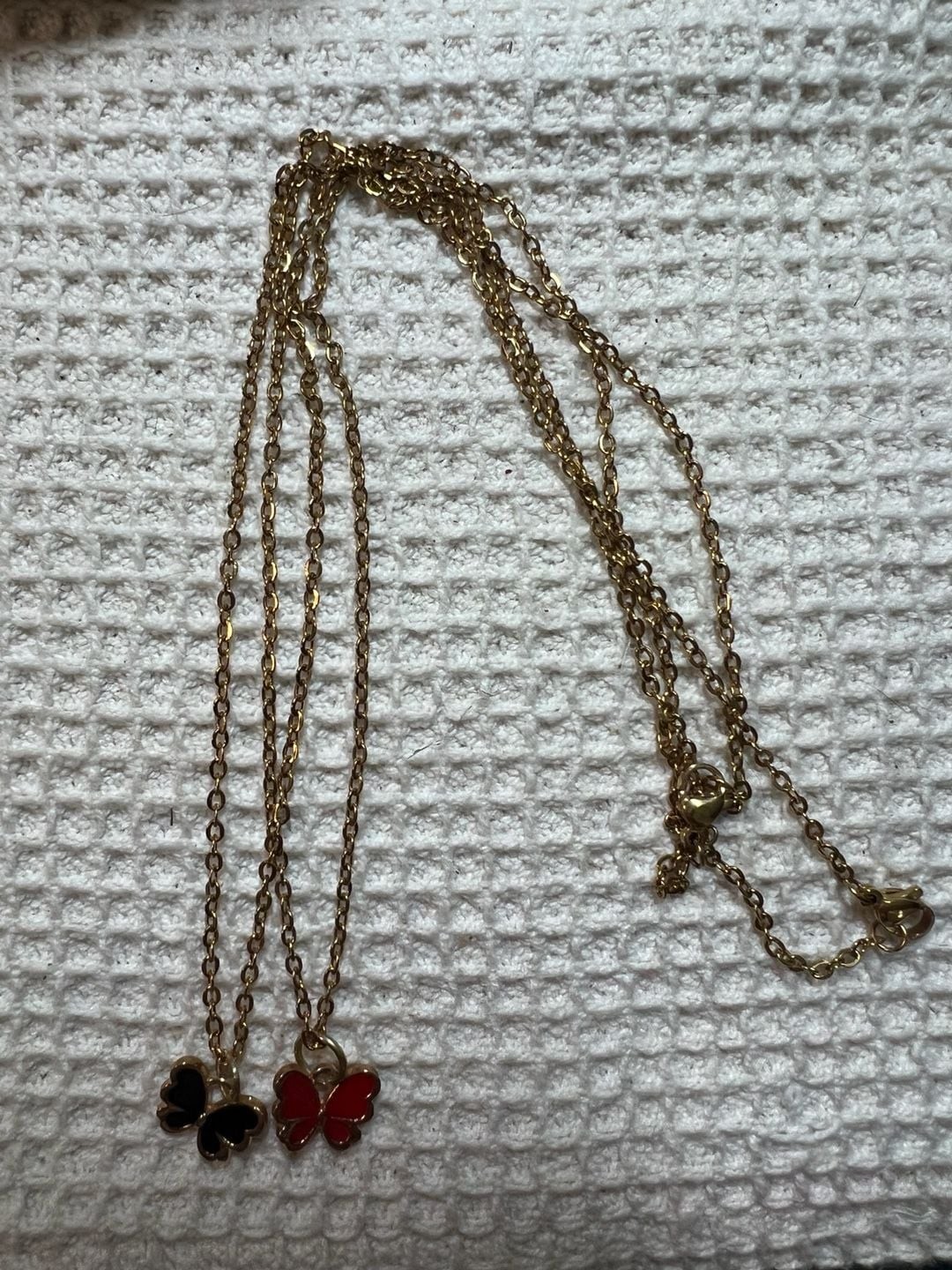 Set of 2 Gold Tone Red and Black Enamel Butterfly Pendant Necklaces