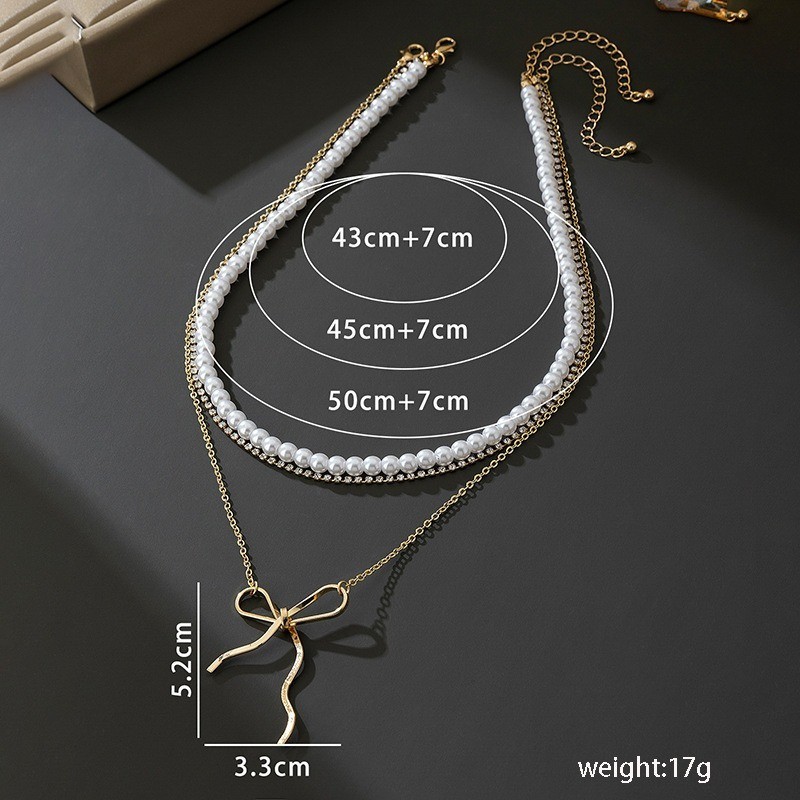 Women’s Multi-layer Imitation Pearl Necklace Bow Pendant Alloy Collarbone Chain