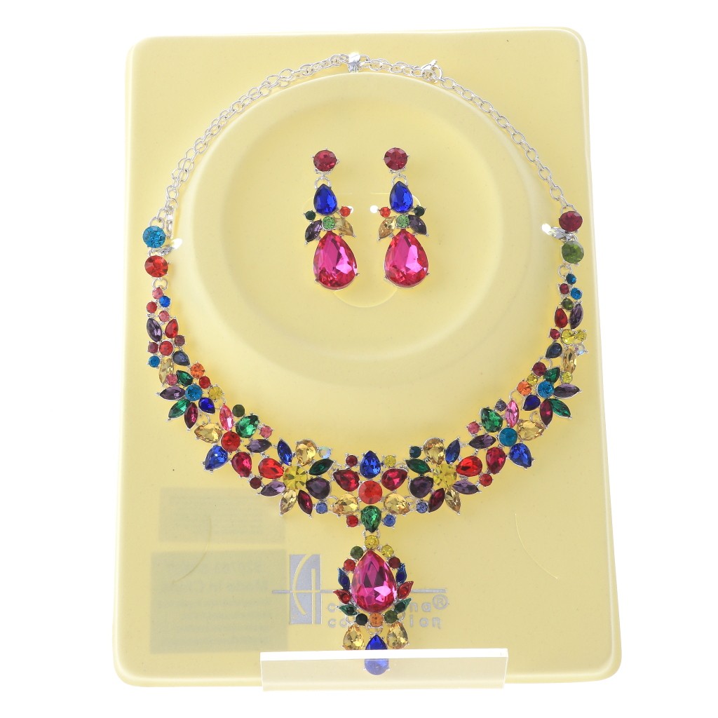 Silver Tone Alloy Metal Rhinestone Necklace Earring Set S20703-SMUT