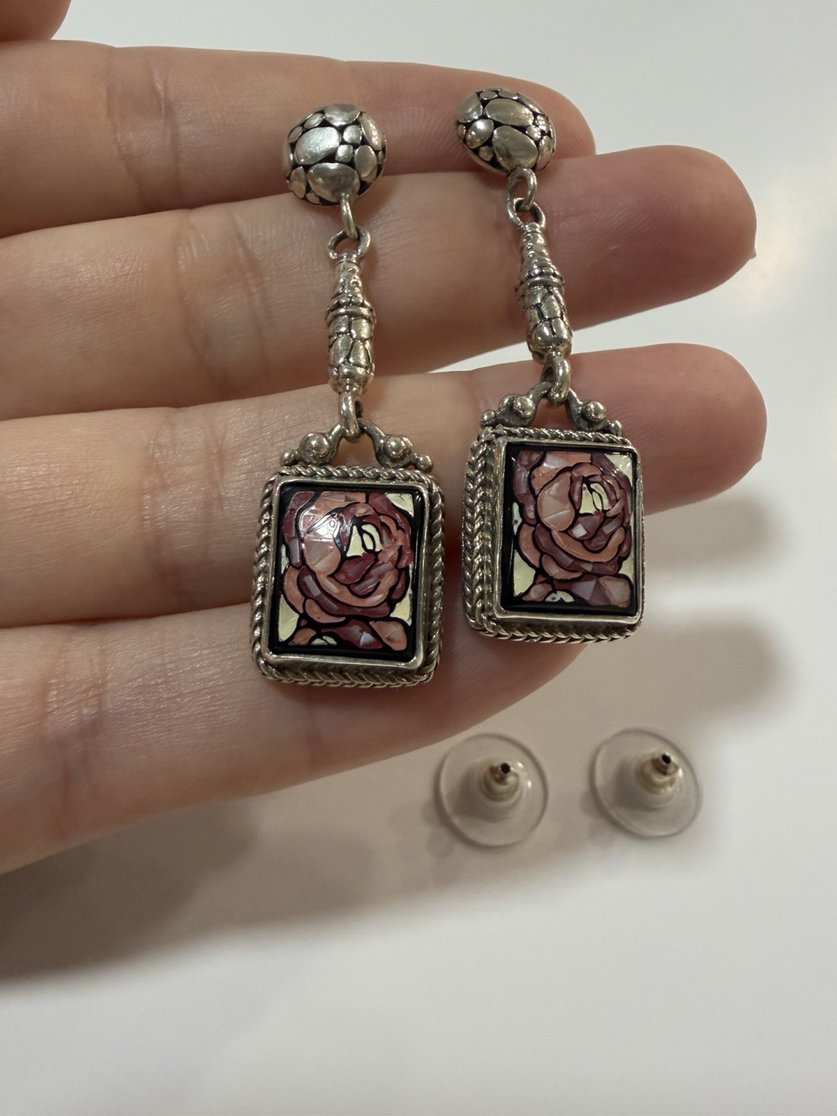 SARDA 925 Sterling Silver Pink Mother of Pearl Mosaic Rose Dangle Earrings