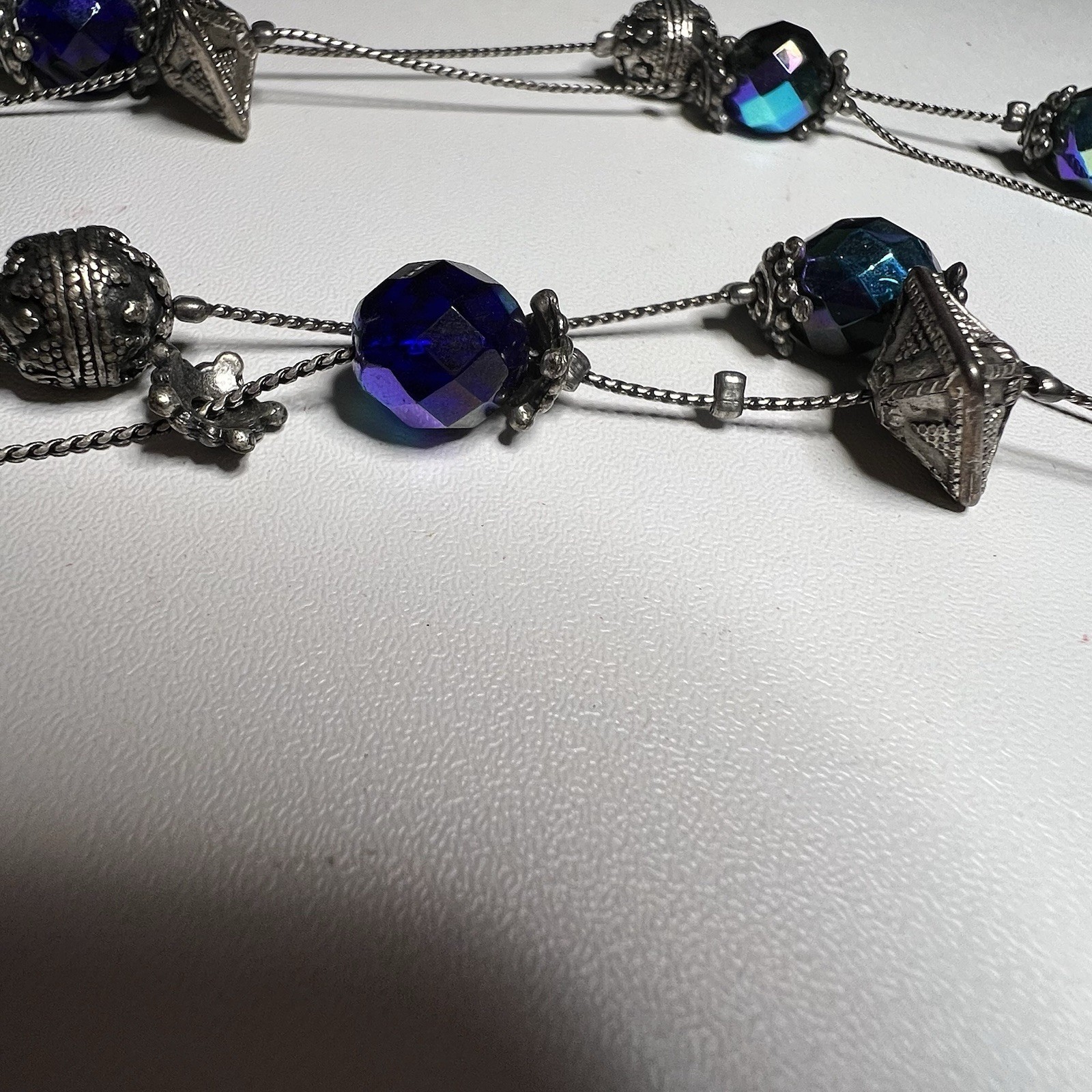 Chico’s Blue Stone Silver Tone Bead Necklace 3 Strand 18″ Long 2.5″ Extender