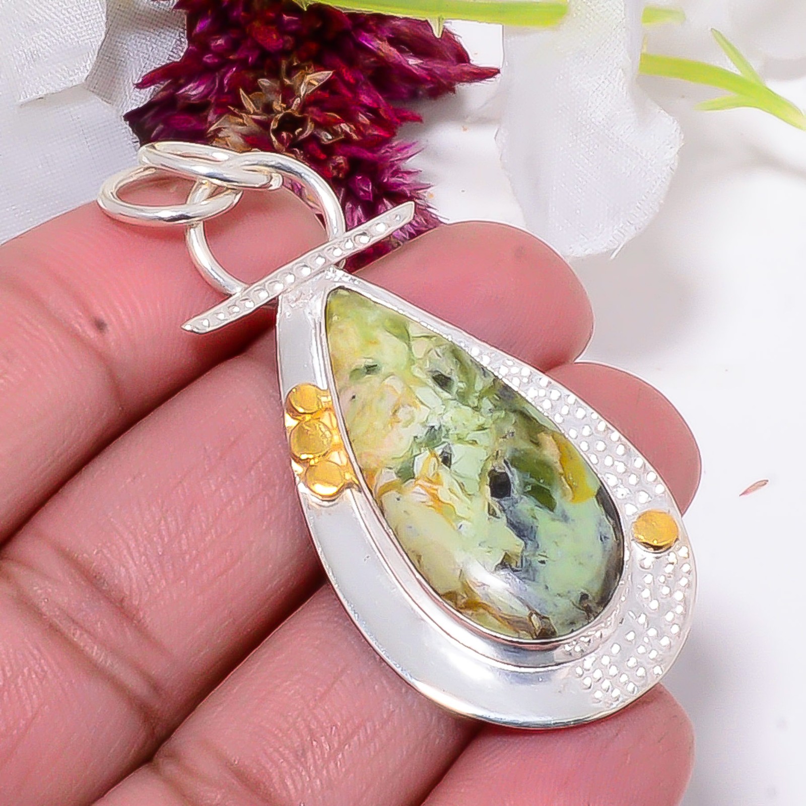 Chrome Chalcedony 925 Sterling Silver Two Tone Designer Pendant 1.95″ Sku24