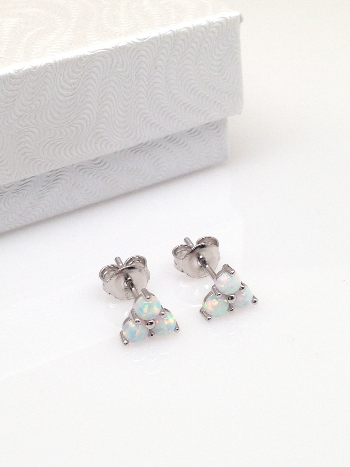 Three Stone White Opal Stud Earrings Sterling Silver 925 Tiny Studs 6mm
