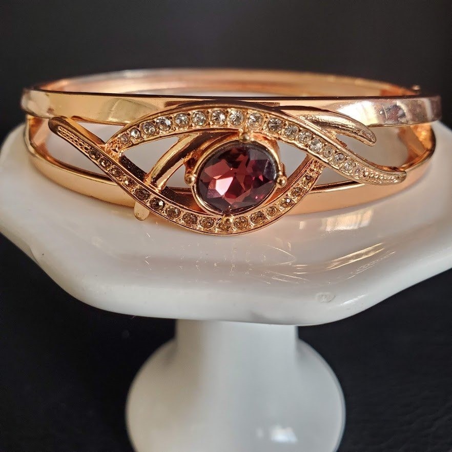 Rose Gold Tone Evil Eye Hinged Bangle Bracelet Purple Stone Rhinestone 7 Inch