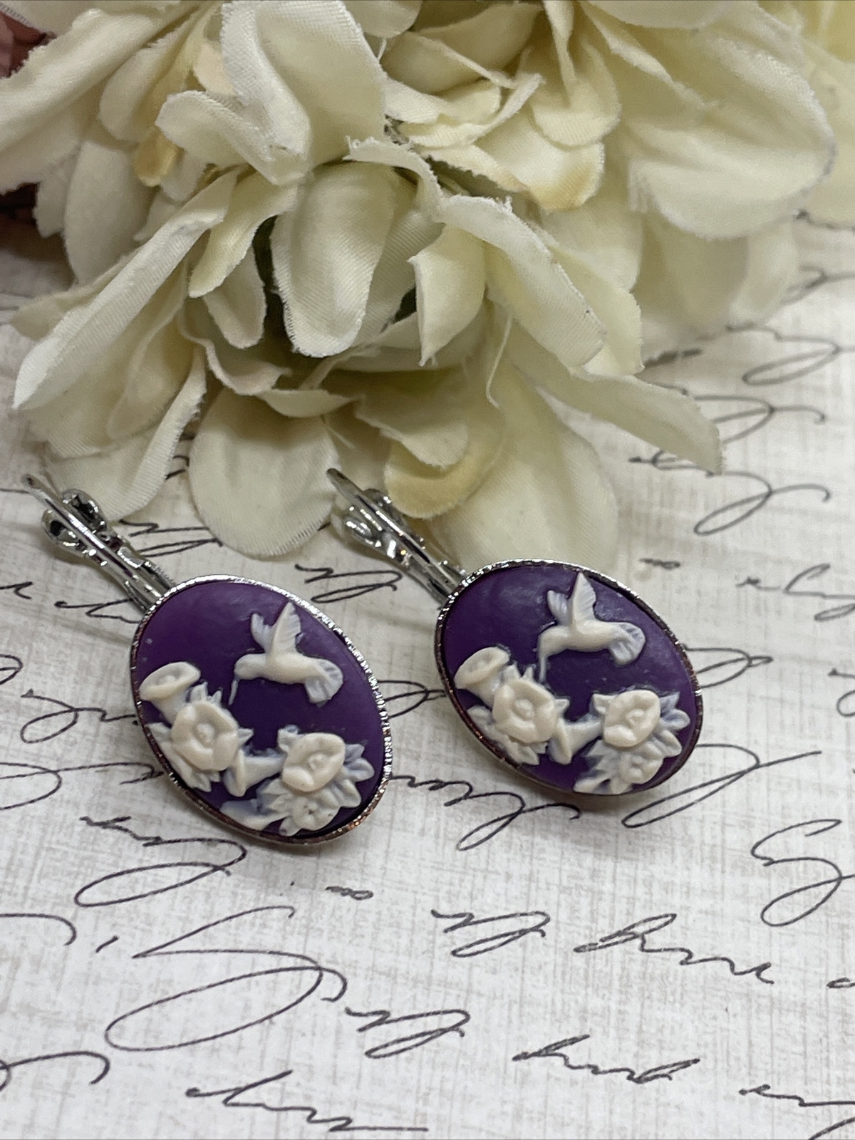 Morning Glory Hummingbird Silver Boutique French Wire Cameo Earrings Wedding Mom