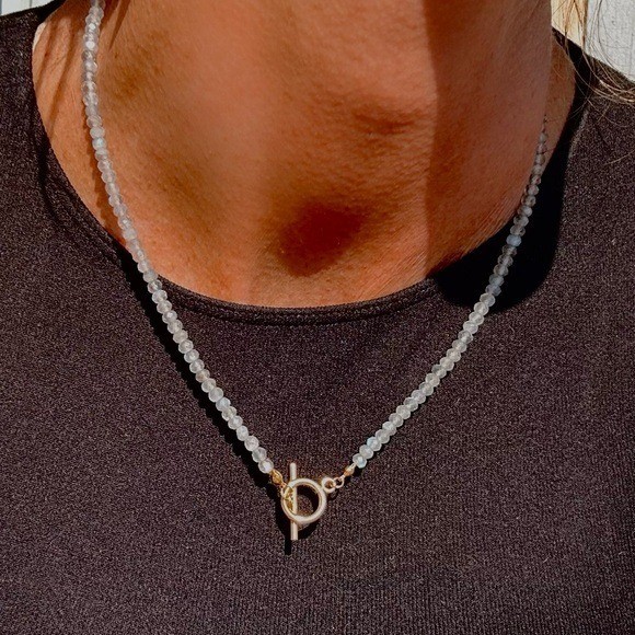 Labradorite Beaded Necklace Gold Toggle Clasp Waterproof Gold Gemstone Jewelry