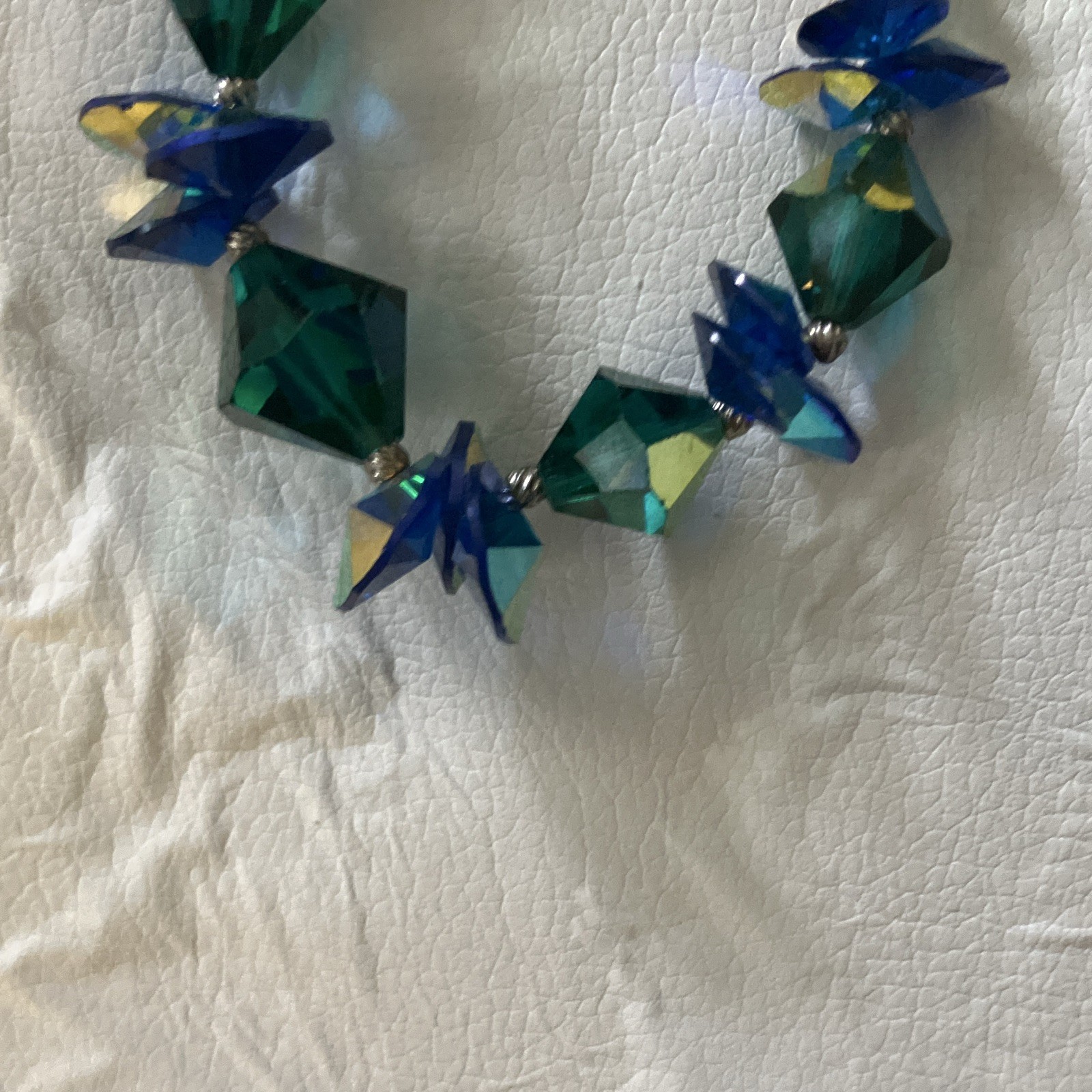 Blue Green Simulated Round Crystal Beaded Necklace Ball/Bead Chain Hook