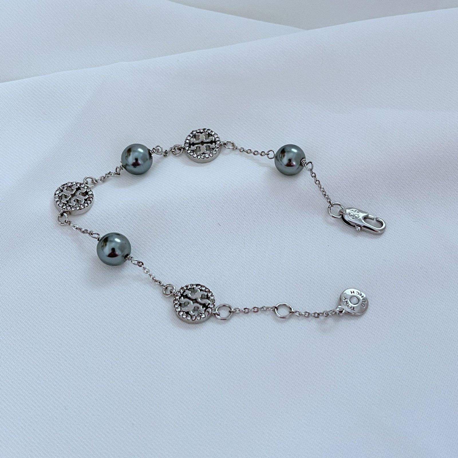 New Burch Miller Pave Pearl Chain Bracelet Silver with Jewelry Pouch