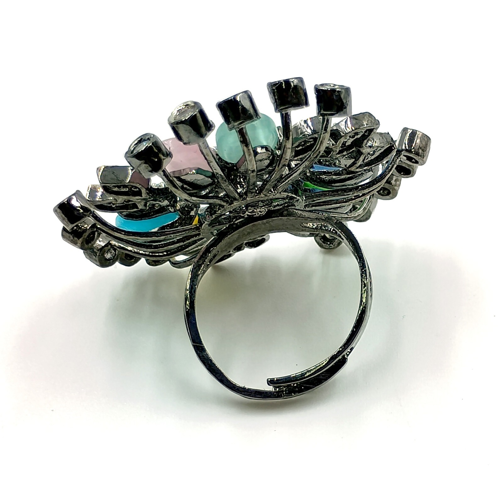 Handmade Multi Stone Ring Adjustable Cubic Zirconia Black Rhodium Plated Boho