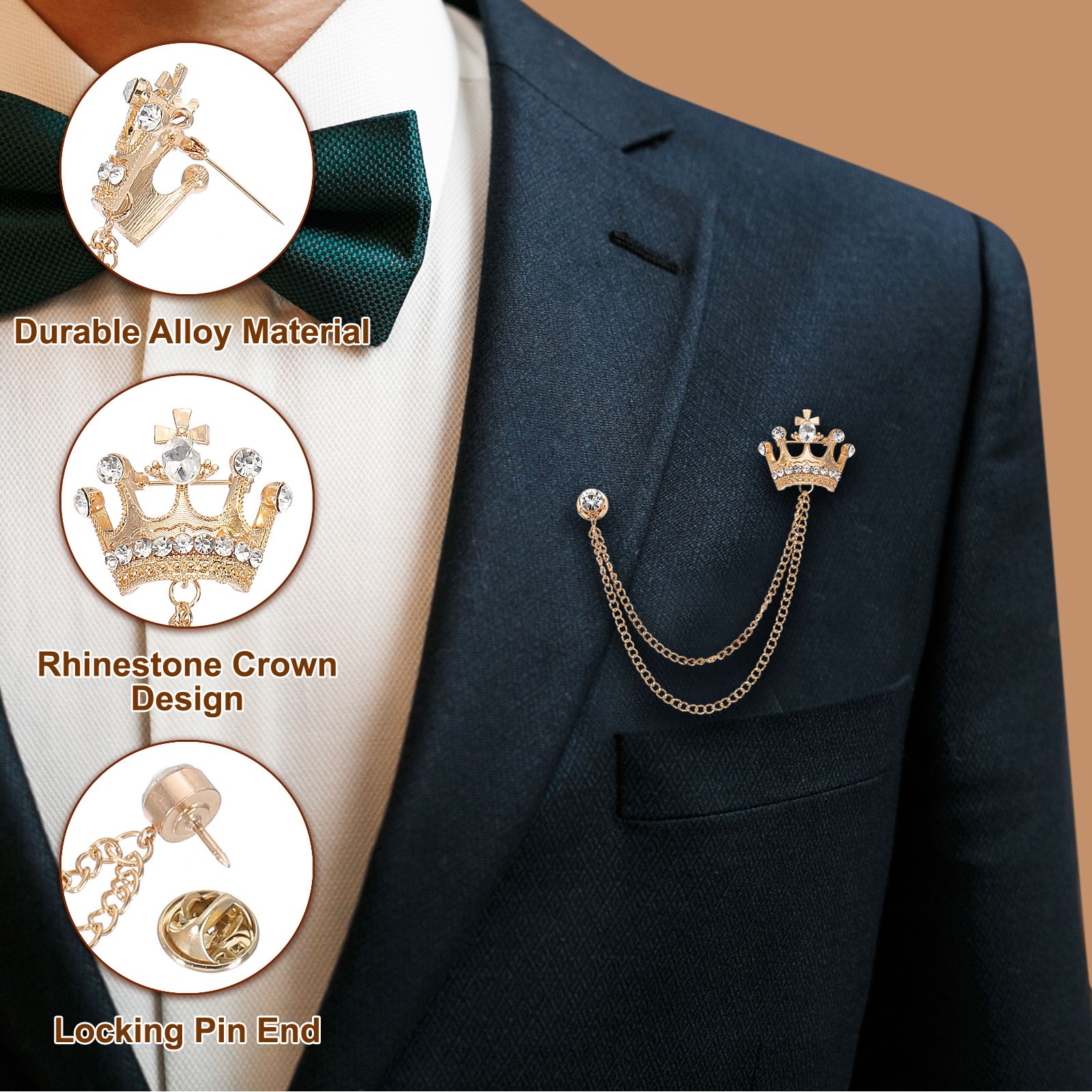 Crown Hanging Chain Brooch Pins Rhinestone Suit Pins Gold Tone White