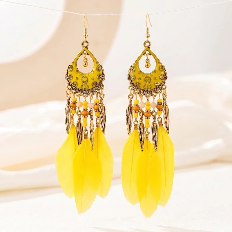 Handmade Bohemian Charm Colorful Feather Retro Design Beaded Long Earrings Women